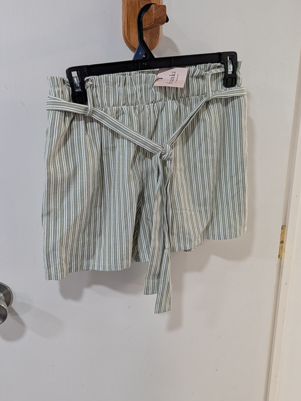 Francesca's Collections Sage and White Striped Paperbag Waist Shorts with Tie